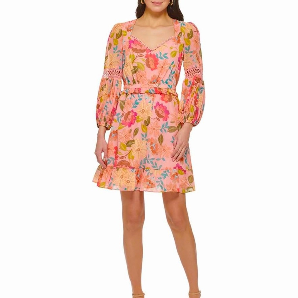 Vince Camuto Petite 0 V-Neck Fit & Flare Dress Pink Peach Floral Eyelet Detail 0